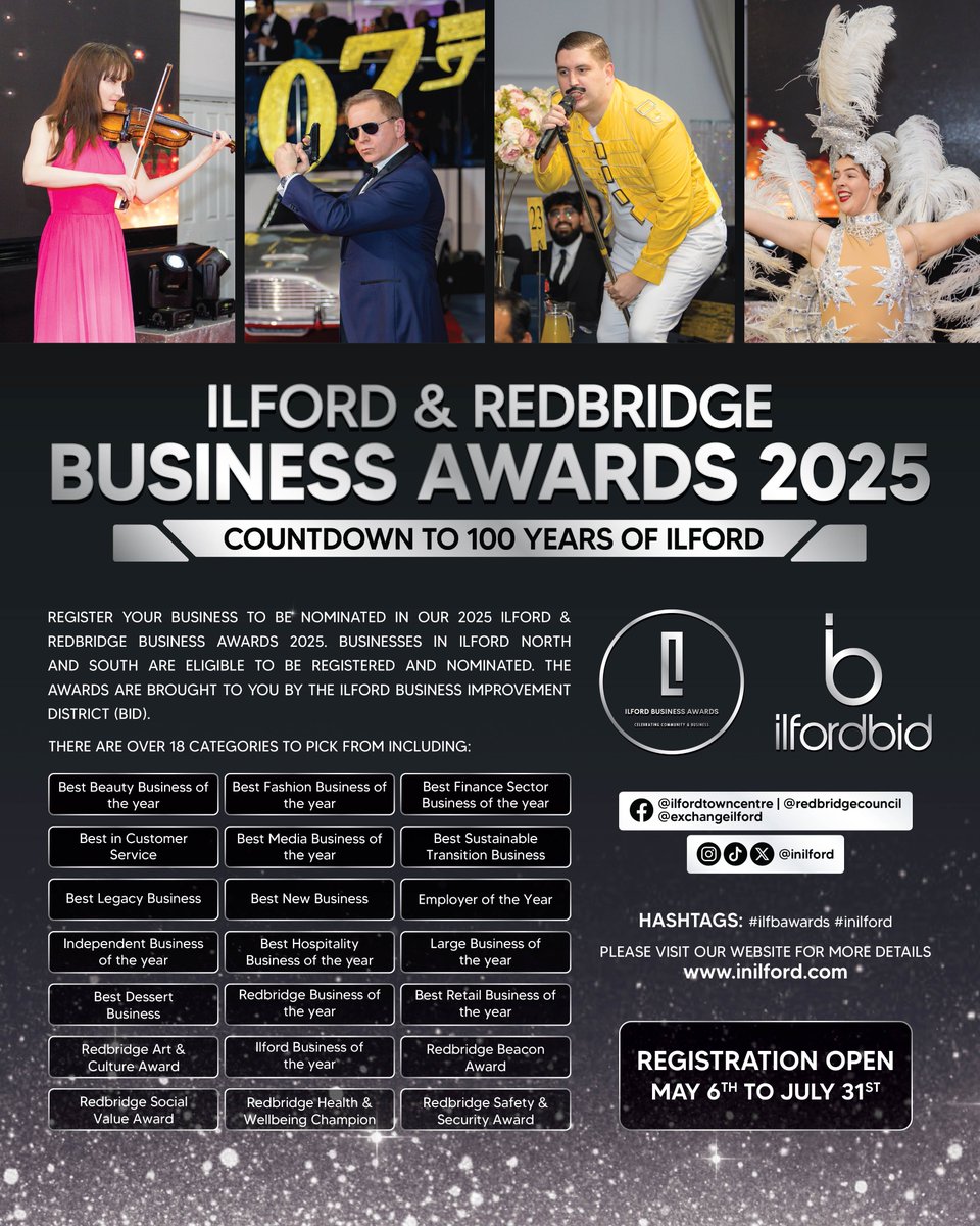 IlfordBID's tweet image. 🎉 The countdown to Ilford’s 100th year has begun! We’re proud to launch the Ilford & Redbridge Business Awards 2025 🏆✨
🌟 Calling all amazing businesses across Ilford and Redbridge – registrations are NOW OPEN!
🆓 Enjoy 6 months of FREE publicity across:
📰 Local press
🖥️…