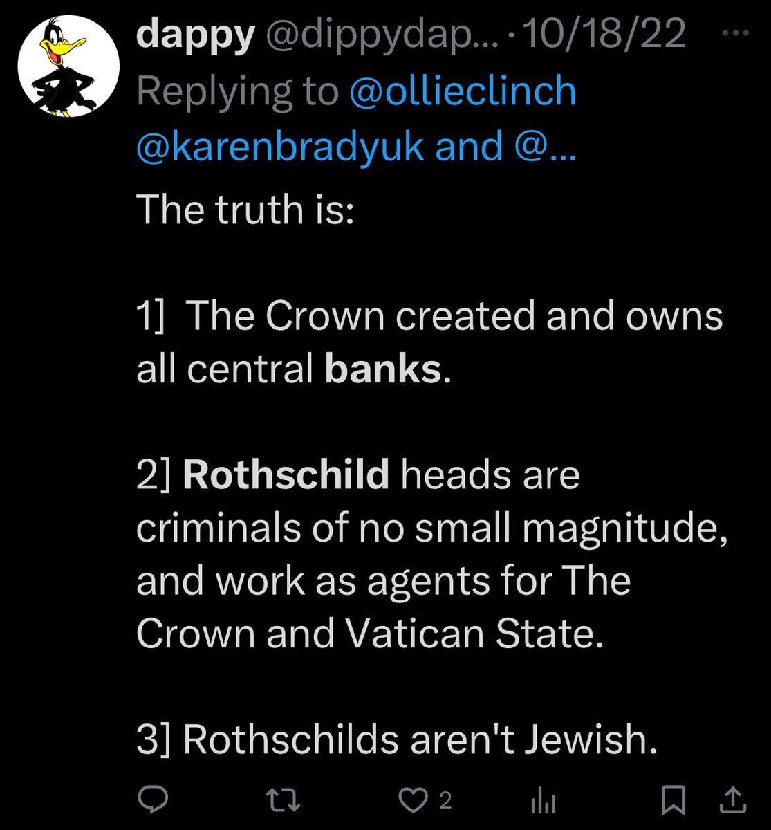 The U.S. banks are not controlled by Rothschilds. 

ANY account telling you that is wrong. 

If they’re screaming, ‘it’s the Jews,” instead of Zionists, they are also full of it &amp; pushing a dialectic to mislead you &amp; that’s why I block them. 

They’re hiding the Crown Temple.