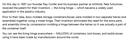 On this day in 1967 our founder Ray Confer and his business partner at AirMold, Pete Schurman, received the patent for their invention -- the living hinge.