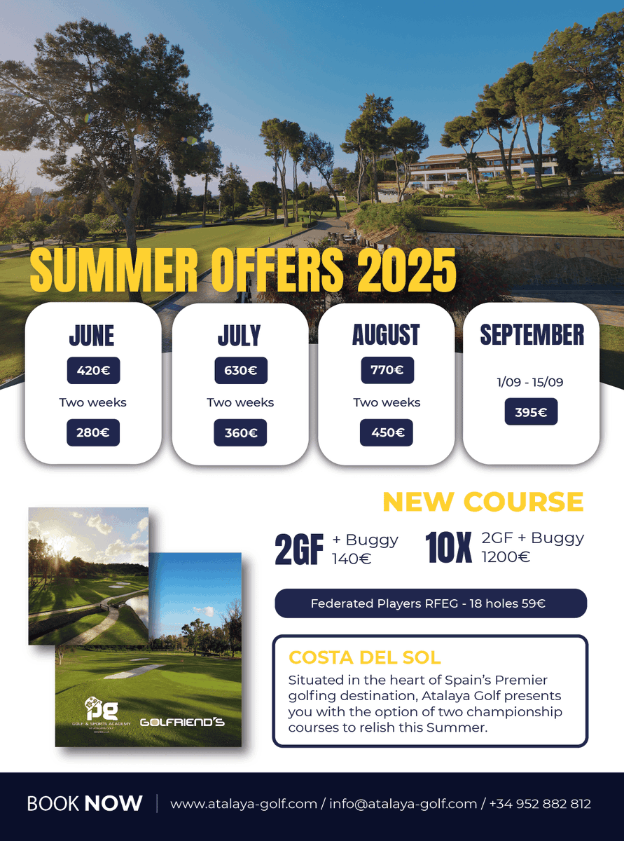 AtalayaGolf's tweet image. 🇪🇸 Disfruta de una experiencia de golf premium con nuestras ofertas de verano.📲¡Reserva ahora y vive el golf como se debe!💚

🇬🇧 Enjoy premium golf experiences at special rates from June to September.📲Book now and play the
game the way it’s meant to be played!💚

#GolfOffers