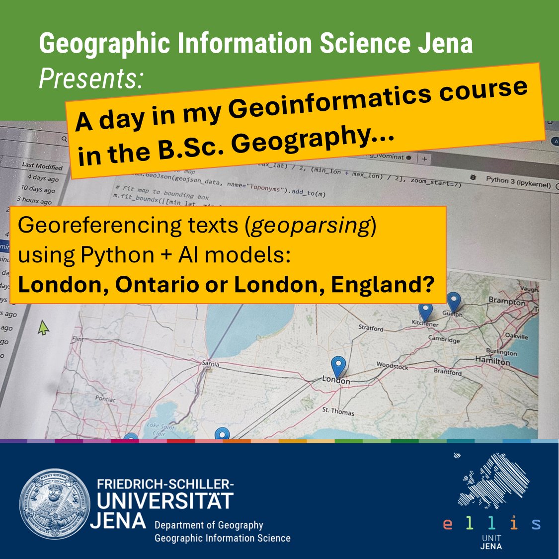 Alexander Brenning (@geobrenning) on Twitter photo It's so much fun to incorporate AI in my #GIScience courses: today, #geoparsing with #spaCy in my #BScGeography course on #Geospatial data and databases. Tricky task: Which London is it when a text refers to a Toronto-London rail link? <a href="/Ellis_Unit_Jena/">ELLIS Unit Jena</a> <a href="/UniJena/">Universität Jena</a> #Geoinformatik It's so much fun to incorporate AI in my #GIScience courses: today, #geoparsing with #spaCy in my #BScGeography course on #Geospatial data and databases. Tricky task: Which London is it when a text refers to a Toronto-London rail link? <a href="/Ellis_Unit_Jena/">ELLIS Unit Jena</a> <a href="/UniJena/">Universität Jena</a> #Geoinformatik