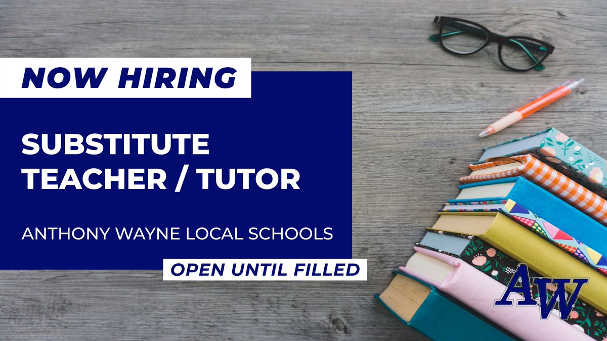 Anthony Wayne Local Schools (@awgenerals) on Twitter photo Anthony Wayne Local Schools is seeking a qualified substitute teacher to serve as an ELA tutor at <a href="/AWLSJH/">A. W. Junior High</a> for the 2025-26 school year.
Interested individuals are encouraged to apply online at AnthonyWayneSchools.org/HumanResources. Anthony Wayne Local Schools is seeking a qualified substitute teacher to serve as an ELA tutor at <a href="/AWLSJH/">A. W. Junior High</a> for the 2025-26 school year.
Interested individuals are encouraged to apply online at AnthonyWayneSchools.org/HumanResources.