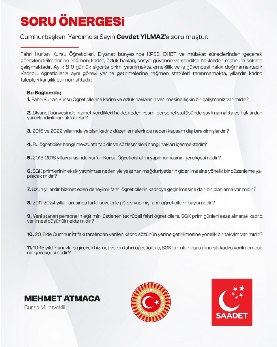 Bursa Milletvekilimiz <a href="/mehmetatmacasp/">Mehmet ATMACA</a>’nın, "Fahri Kur’an Kursu Öğreticilerinin kadro ve özlük haklarına ilişkin yaşadığı mağduriyetler ile bu mağduriyetlerin giderilmesine yönelik çalışmalara" ilişkin Soru Önergesi;