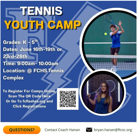 FCFlashesTennis's tweet photo. Here is the link to sign up for the Elementary Tennis Camp and the Junior High School &amp; High School Summer Camps. 
https://t.co/lvNJsPLB28
#weareflashes https://t.co/ykfjsCQTWx