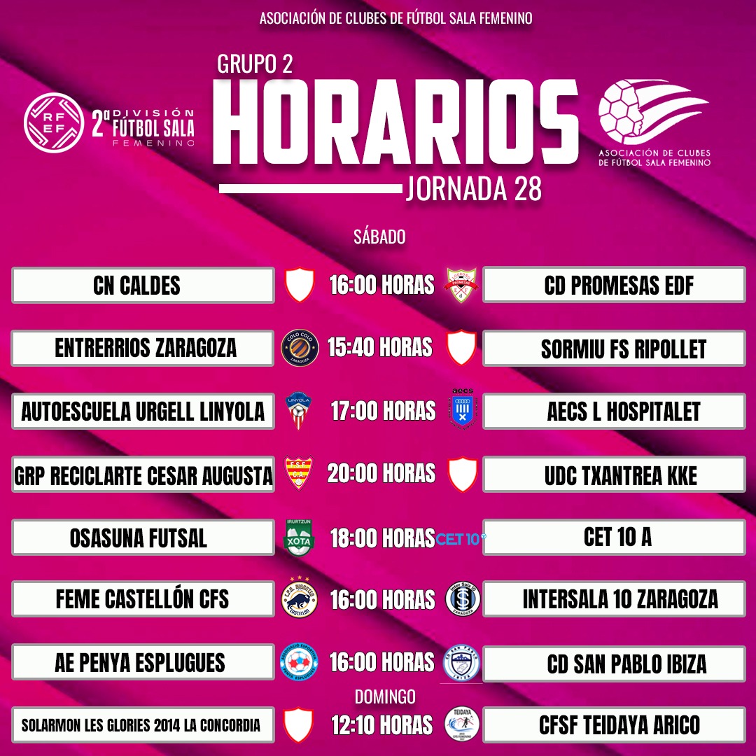 ACFSFfutsal's tweet photo. Regresa la Segunda División Fútbol Sala Femenino y estos son los horarios de la jornada!!!
#acfsf #rfef #horarios #jornada28 #FutbolSalaFemenino https://t.co/eyOTtdVTAt