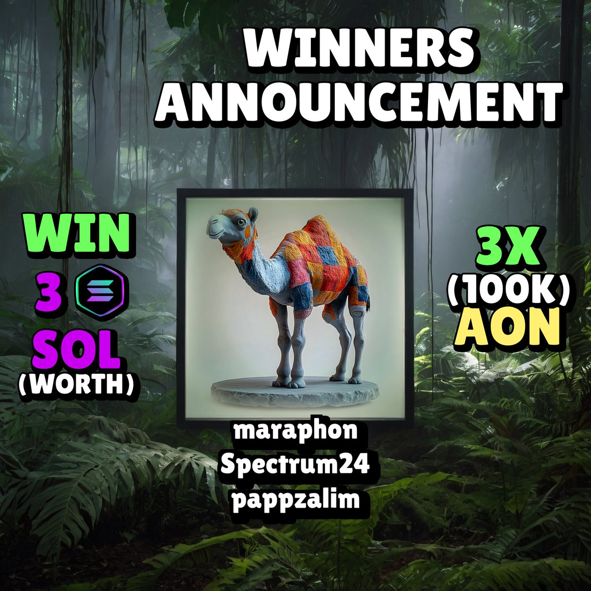 Arkofnoah_io's tweet image. 🎉 WINNERS ANNOUNCEMENT! 🐪🌟 

Congrats to our sharp-eyed winners: maraphon, Spectrum24, and pappzalim! You guessed the NFT #7145 right! 💎 

Think you can guess the next one? Tag a friend to join the fun next week! 💚 

#Web3 #NFTContest 🖼️✨