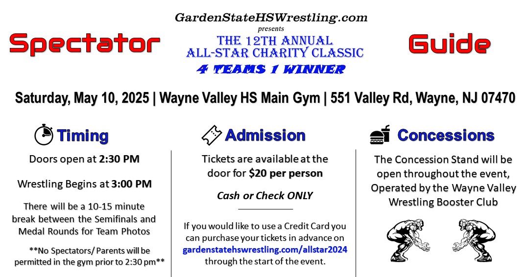 What to know for the 12th Annual All Star Classic, TOMORROW (Saturday, May 10th)!!

You can see the brackets/ matchups and purchase tickets on the site: gardenstatehswrestling.com/allstar2025/