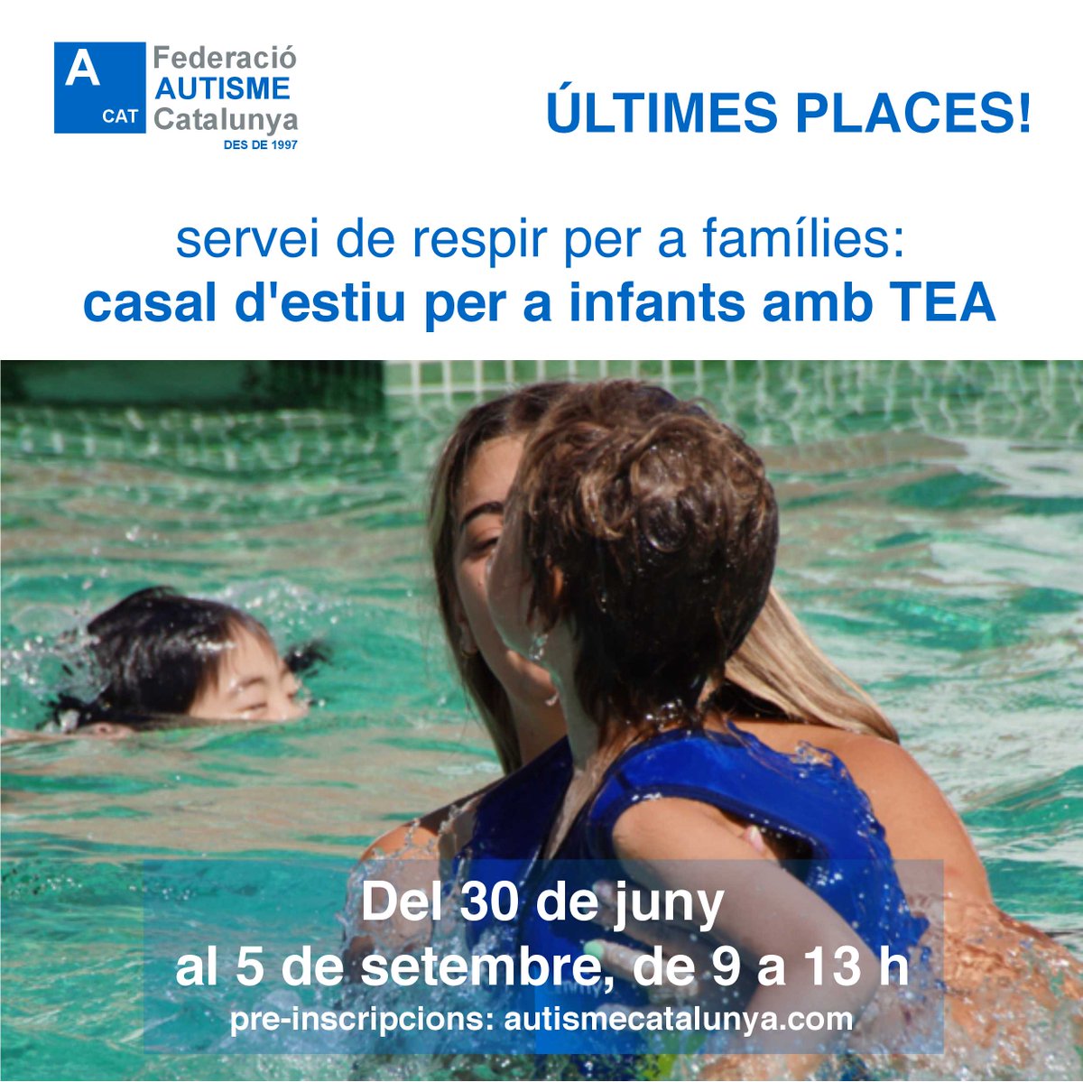 Últimes places pel “Servei de respir per a famílies: casal d’estiu específic per a infants amb Trastorn de l’Espectre de l’Autisme”.
Del 30/06/2025 al 5/09/2025, de 9 a 13 h., amb activitats lúdiques: piscina, musicoteràpia, tallers d’art, sala d’estimulació sensorial, passejades