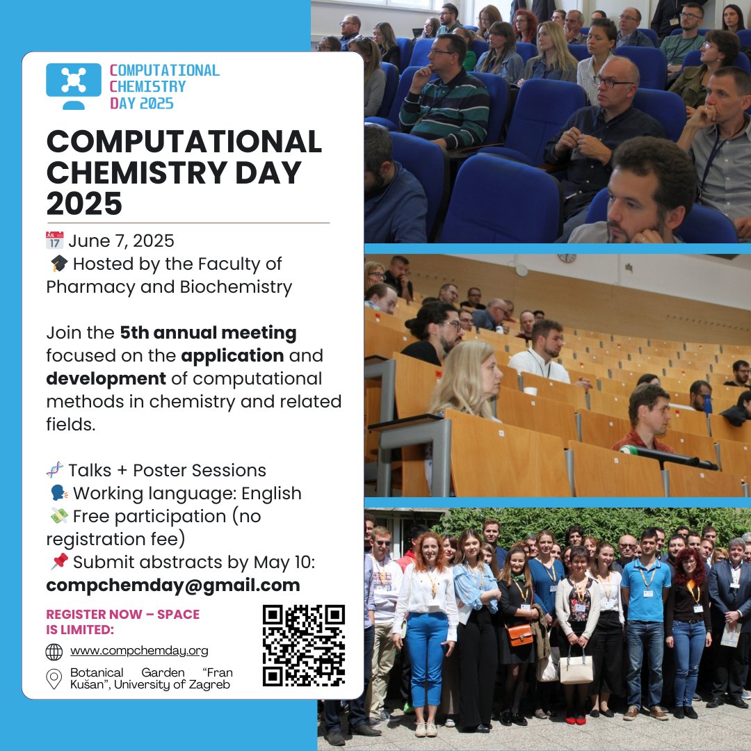 institutrb's tweet image. 🌿 Excited to announce Computational Chemistry Day 2025! Join us on June 7 at the stunning Botanical Garden &quot;Fran Kušan,&quot; University of Zagreb. Free registration, but spots are limited! Register now 👉 [forms.gle/d7EbsuhmbdmkKr…] #CompChem #ScienceConference4o