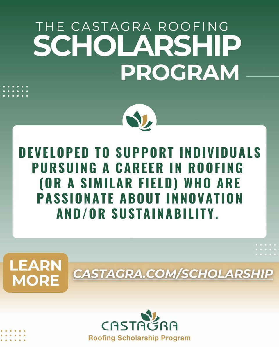 Are you pursuing a career in roofing?

The 2025 Castagra Roofing Scholarship Program is open for applications!

Learn more at castagra.com/scholarship 

#roofing #roofers #roofingindustry