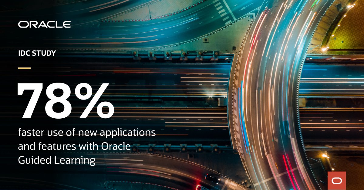 ksomawaram's tweet image. #OracleGuidedLearning
Use Oracle Guided Learning to help your users take advantage of new features faster. A 2025 study from IDC found that Oracle Guided Learning customers were able to adopt new features faster by 78%. Read the full report: social.ora.cl/6011NzbPc