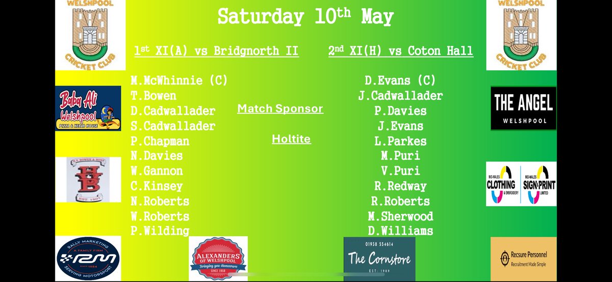 WelshpoolCC (@welshpoolcc) on Twitter photo 🏏🏏🏏
This weeks team news. 1st XI travel to <a href="/BridgnorthCC/">Bridgnorth CC</a> II’s, 2nd XI host Coton Hall. Home game is sponsored by Holtite.
🍻🍻🍻
Bar will be open throughout the afternoon! 🏏🏏🏏
This weeks team news. 1st XI travel to <a href="/BridgnorthCC/">Bridgnorth CC</a> II’s, 2nd XI host Coton Hall. Home game is sponsored by Holtite.
🍻🍻🍻
Bar will be open throughout the afternoon!
