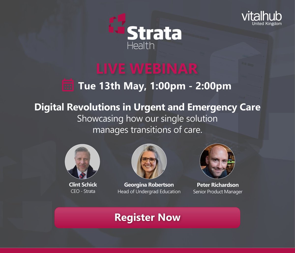 VitalHub UK (@vitalhubuk) on Twitter photo Don't forget to register! ๐ฃ
Join Clint, Georgina and Peter for โDigital Revolutions in Urgent and Emergency Care', as they showcase <a href="/StrataHealthUK/">Strata Health UK</a> 's urgent care model, developed with <a href="/ELHT_NHS/">East Lancashire Hospitals NHS Trust ๐</a>
+ <a href="/NHSEngland/">NHS England</a> .
๐๏ธ Register today: microsoft.pulse.ly/sfhrahgrxj Don't forget to register! ๐ฃ
Join Clint, Georgina and Peter for โDigital Revolutions in Urgent and Emergency Care', as they showcase <a href="/StrataHealthUK/">Strata Health UK</a> 's urgent care model, developed with <a href="/ELHT_NHS/">East Lancashire Hospitals NHS Trust ๐</a>
+ <a href="/NHSEngland/">NHS England</a> .
๐๏ธ Register today: microsoft.pulse.ly/sfhrahgrxj