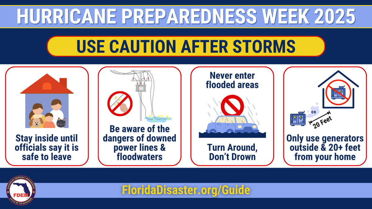 🌀🌀 Today’s Hurricane Preparedness Week message is about using caution after storms in order to stay safe.

➡ For more safety tips visit FloridaDisaster.org/Guide?cid=twit… .