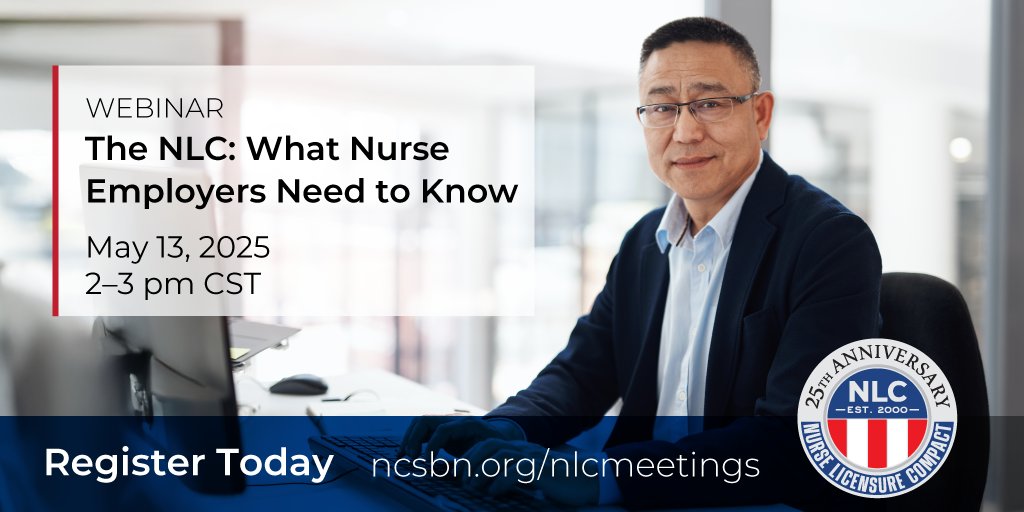 Our nurse employer webinar on May 13, from 2-3 pm CT, gives an NLC overview, answers nurse employer questions, explains the importance of the 60-day residency rule, gives an implementation update and explains Nursys.com and Nursys e-Notify. nursecompact.com/stay-informed.…