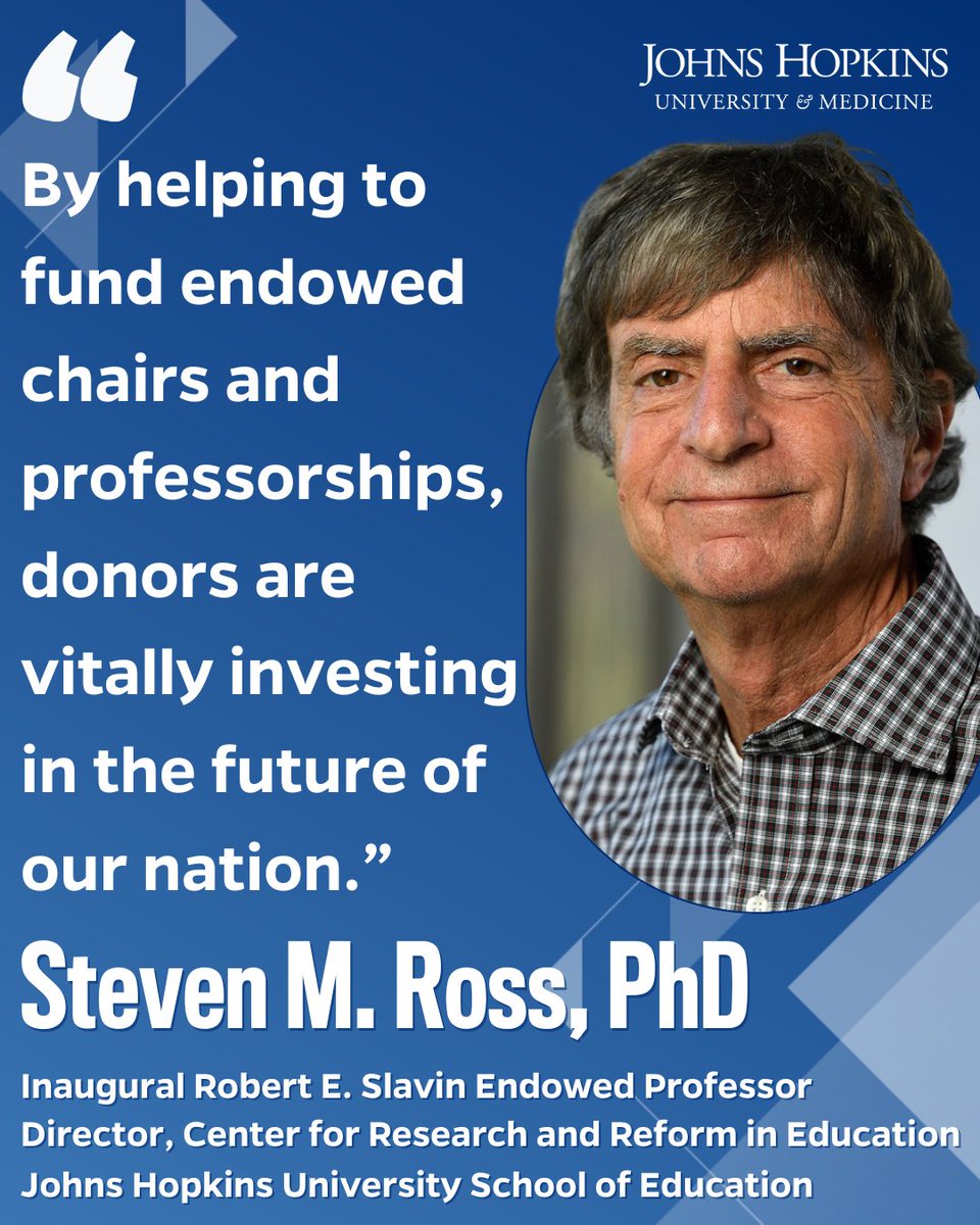 Johns Hopkins Giving (@hopkinsgiving) on Twitter photo Dr. Steven Ross was named the inaugural Robert E. Slavin Professor with <a href="/JHUeducation/">JHU School of Education</a>. Ross, a close friend of the late Robert Slavin, is an award-winning educator who has testified before the House of Representatives Subcommittee on school restructuring research. #FacultyFriday Dr. Steven Ross was named the inaugural Robert E. Slavin Professor with <a href="/JHUeducation/">JHU School of Education</a>. Ross, a close friend of the late Robert Slavin, is an award-winning educator who has testified before the House of Representatives Subcommittee on school restructuring research. #FacultyFriday