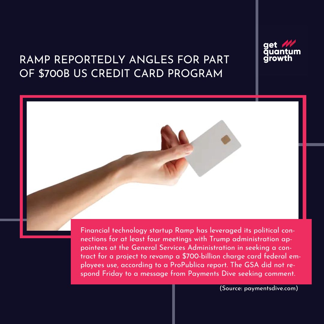 techtrackdata's tweet image. Ramp positions itself to secure a stake in the $700-billion federal charge card program, leveraging its political connections and engaging in high-level discussions with the GSA.

#Fintech #GovernmentContracts #Ramp #CreditCards #FederalSpending #FinancialTechnology #Market