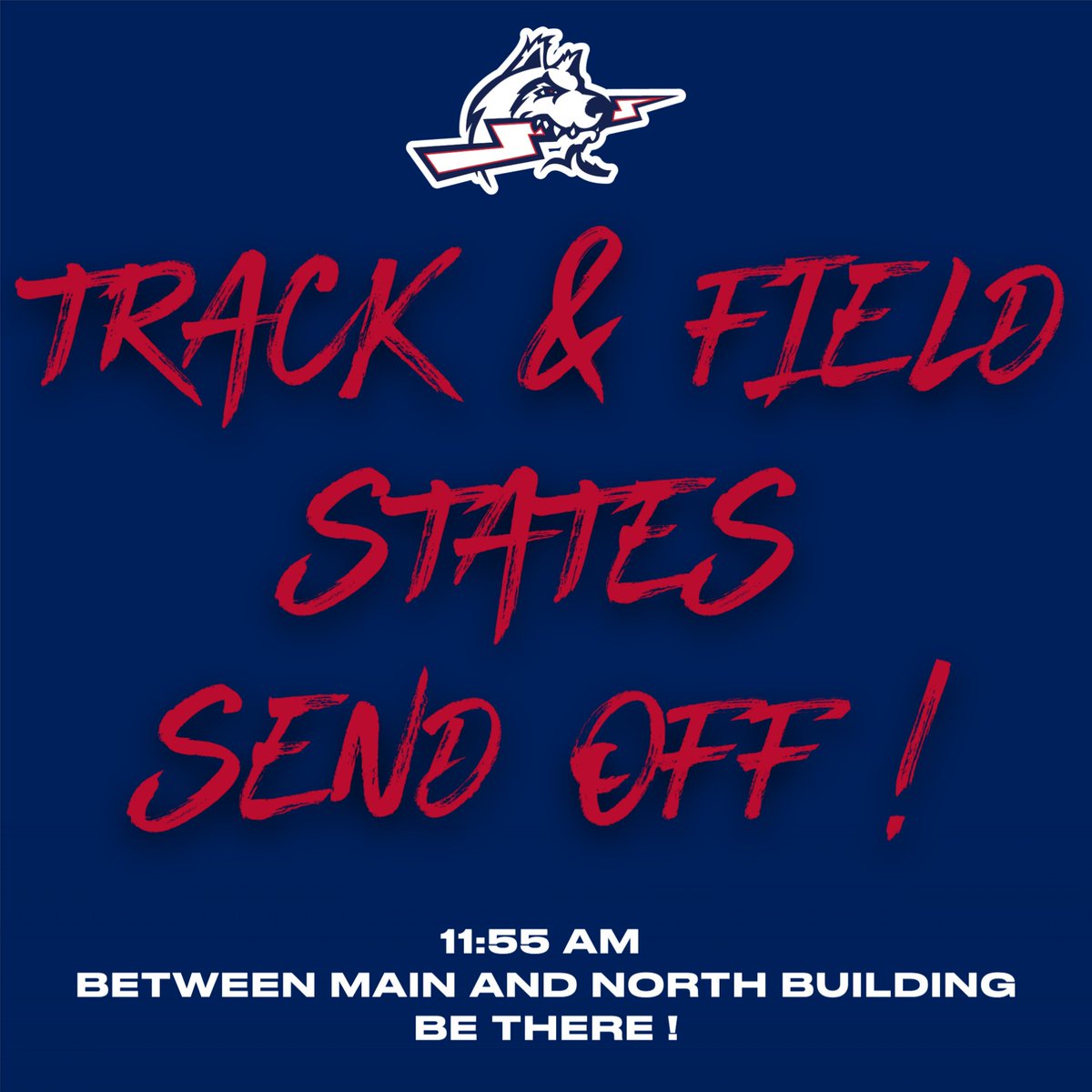Join us in celebrating the incredible achievements of our Boys and Girls Track Team! Today at 11:55 AM, let's gather between the Main and North Buildings to send Joliana, Chris, and Tyler our best wishes as they head to the State Championships. Good luck, you’ve got this!