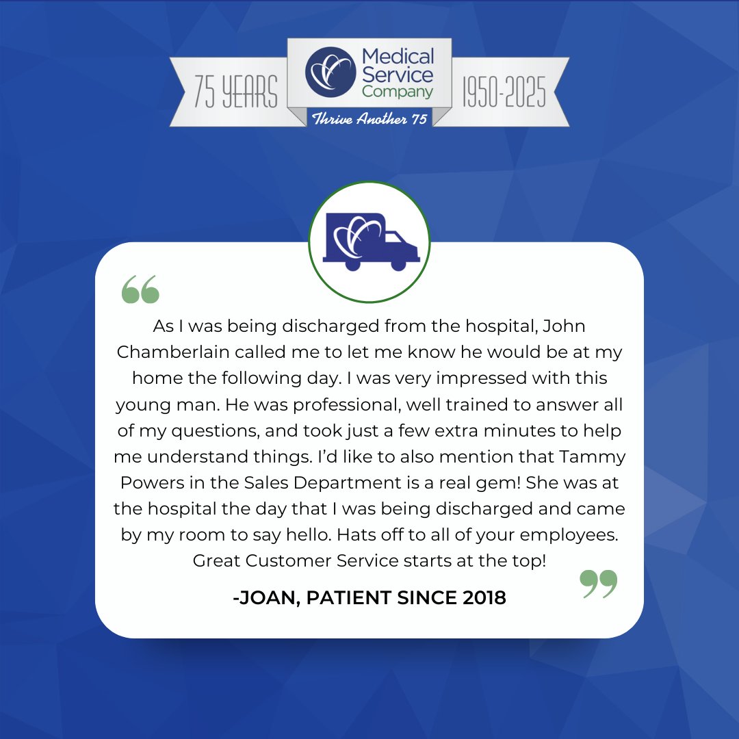 Delivering care with a personal touch — thank you, Joan, for sharing your kind words and recognizing our dedicated team! 💙 #CustomerService #PatientCare #ThriveAnother75