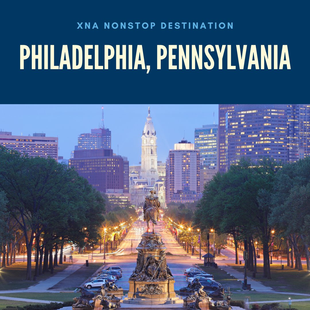 This #DirectFlightFriday, we’re spotlighting Philadelphia! Fly nonstop from XNA to PHL. Explore historic landmarks like Independence Hall and the Liberty Bell, enjoy a stroll along the Schuylkill River Trail, or indulge in a classic Philly cheesesteak.