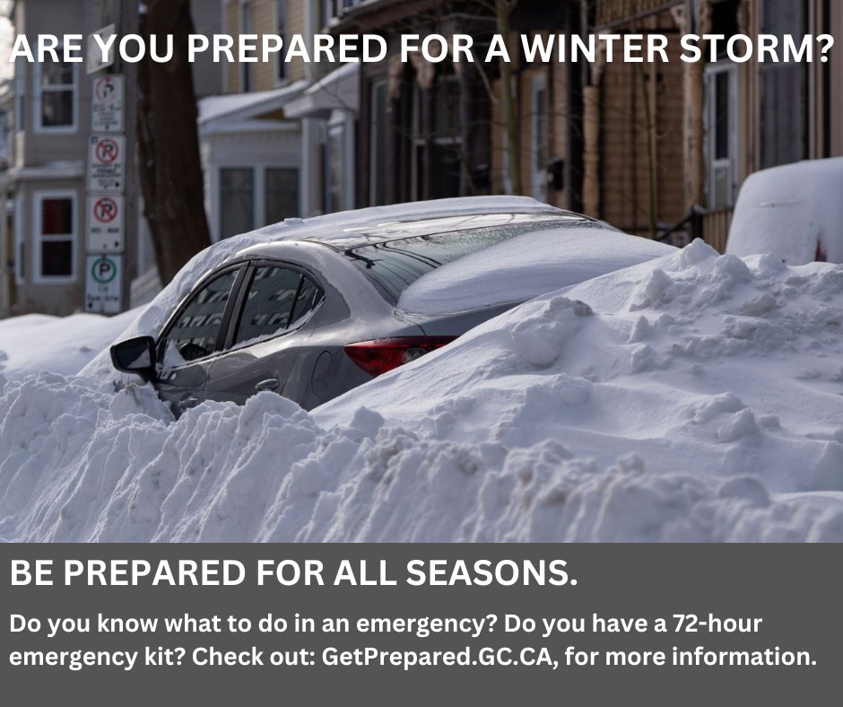 Winter storms are common in Canada and can include major snowfall, blizzards, blowing snow, freezing rain, ice storms, wind chill, and extreme cold temperatures. Make sure that your household is prepared.  Prepare a 72-hour kit. ow.ly/4UWR50RyHbP