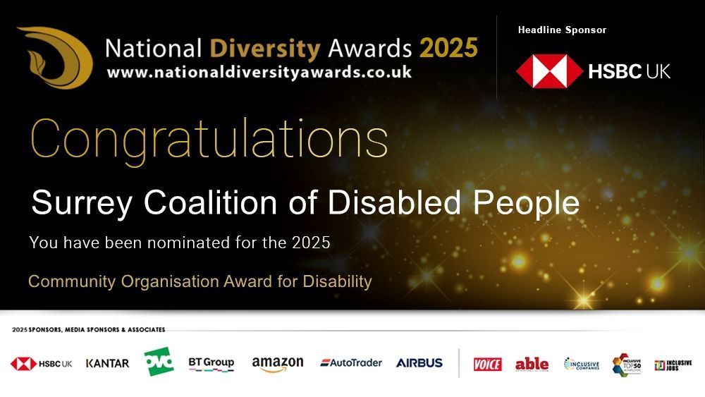 Surrey Coalition of Disabled People (@surreycoalition) on Twitter photo We’re excited to share that we have been nominated for a Community Organisation Award for Disability at the National Diversity Awards 2025! We’d really appreciate your vote and support! Voting is open until May 14th 2025. Voting link: nationaldiversityawards.co.uk/awards-2025/no…
<a href="/ndawards/">National Diversity Awards</a> We’re excited to share that we have been nominated for a Community Organisation Award for Disability at the National Diversity Awards 2025! We’d really appreciate your vote and support! Voting is open until May 14th 2025. Voting link: nationaldiversityawards.co.uk/awards-2025/no…
<a href="/ndawards/">National Diversity Awards</a>