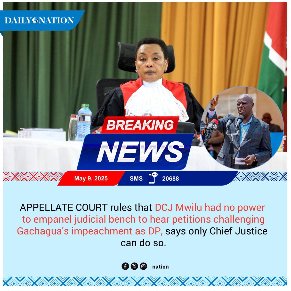 APPELLATE COURT rules that DCJ Mwilu had no power to empanel judicial bench to hear petitions challenging Gachagua's impeachment as DP, says only Chief Justice can do so.