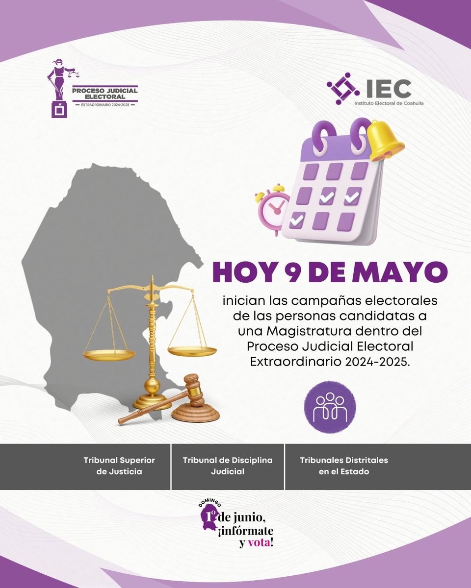 IEC_Coahuila's tweet photo. 📢 Hoy inician las campañas electorales de las candidaturas a una Magistratura en los Tribunales Superior de Justicia, de Disciplina Judicial y Distritales en Coahuila.
¡Infórmate, analiza y vota el próximo #1deJunio! 🗳️ https://t.co/k1JccMeOuj