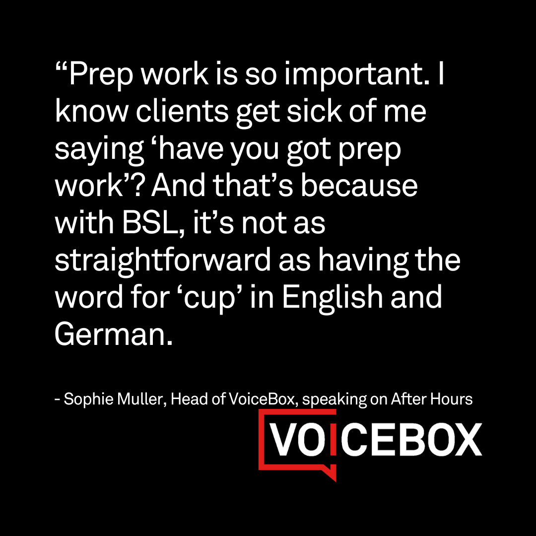 Fail to prepare, prepare to fail.

Head of VoiceBox Sophie Muller was speaking on our After Hours podcast with experienced British Sign Language interpreter Deborah McLeod.

#BSL #Interpreting