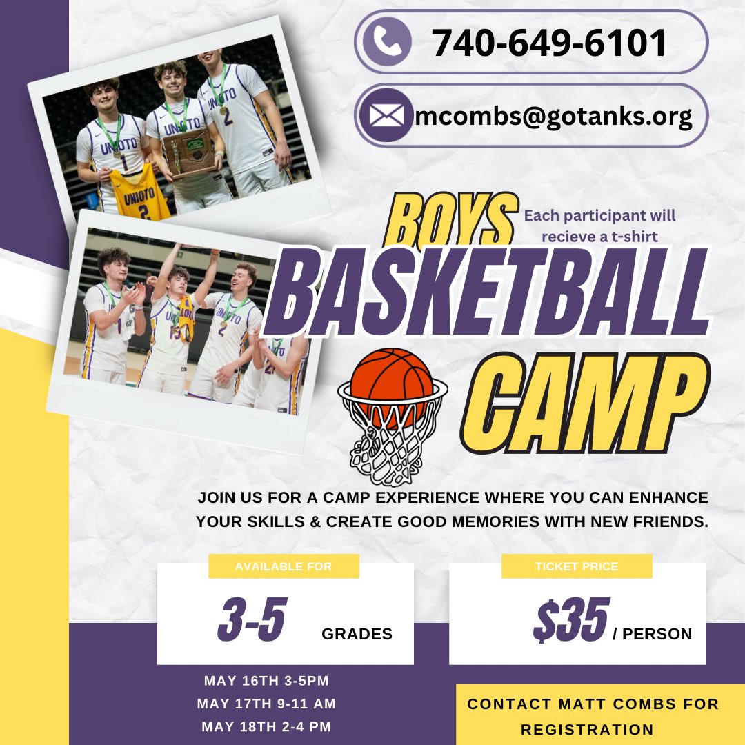 Boys currently in 3-5th grades….Be sure to sign up for basketball camp May 16, 17, 18.