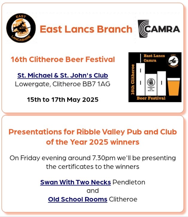 Presentations for Ribble Valley Pub and Club of the Year 2025 winners <a href="/SwanTwoNecks/">TheSwanWithTwoNecks</a> and the Old School Rooms at St Michael's &amp; St John's will take place next week Clitheroe Beer Festival 🏆👏🍻