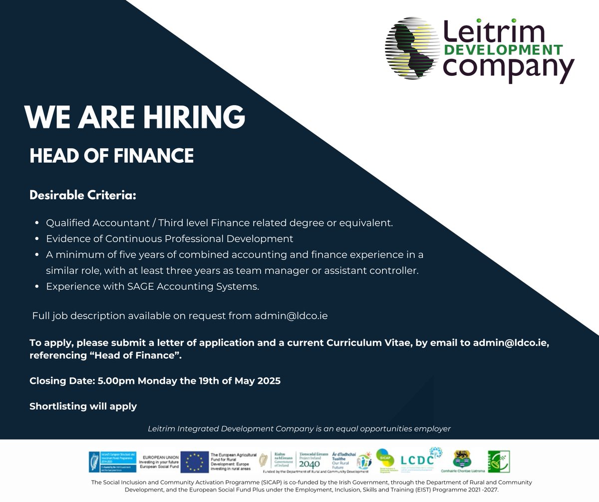 Leitrim Integrated Development Company CLG is seeking interested candidates for the role of Head of Finance.

Qualifying criteria and job specification can be found at activelink.ie/node/115493

#HiringNow #Recruiting  #Careers #jobsearch