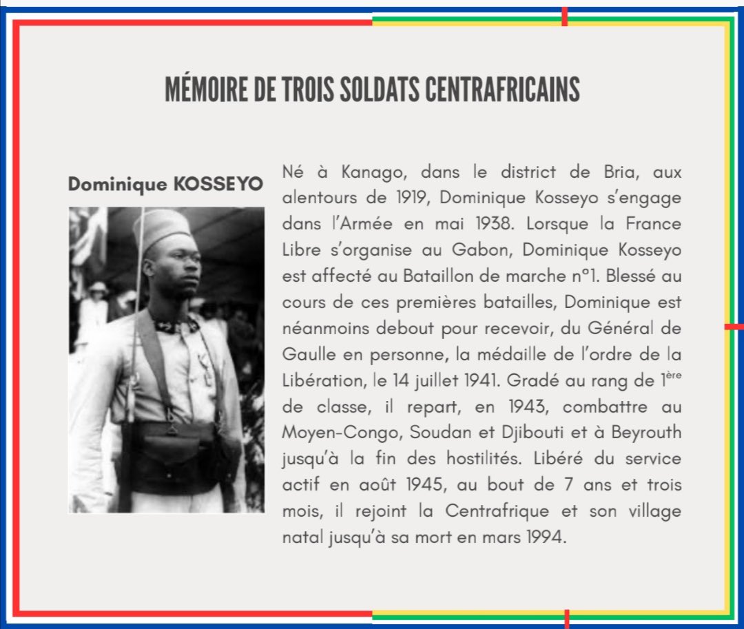 #Centrafrique 🇨🇫 :La mémoire collective centrafricaine est marquée par le courage de Georges Koudoukou, Dominique Kosseyo et Paul Koudoussaragne, trois soldats qui se sont illustrés durant la 2e Guerre mondiale au sein des Forces françaises libres.
#France #Africa