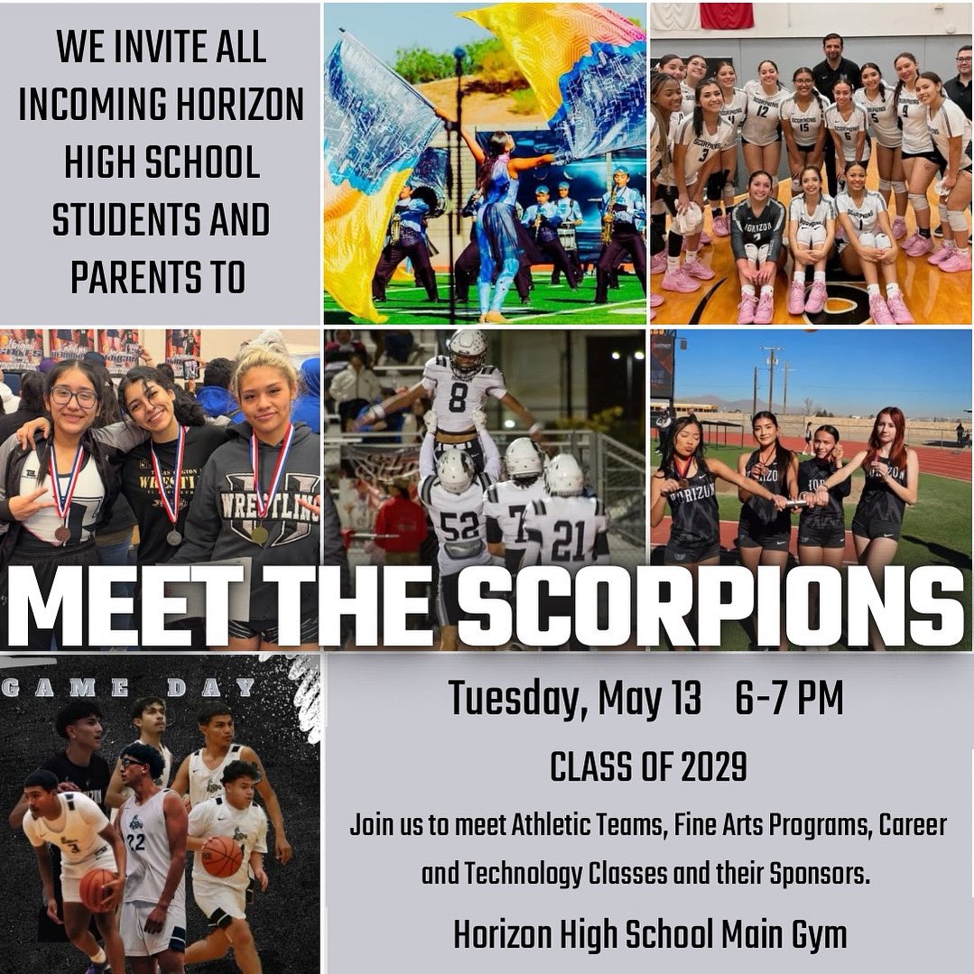 We invite all of our incoming Freshmen to come meet our coaches and sponsors to see all that Horizon HS has to offer! 
Meet the Scorpions next Tuesday, May 13 from 6-7 PM! 
#RepTheH #ScorpionStrong