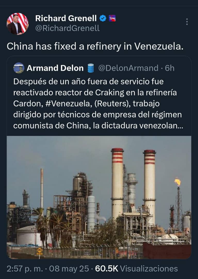 Grennell el otrora negociador de Trump, ahora socio petrolero de la Chevron...
Justifica la permanencia de la Empresa Norteamericana para impedir que "los malvados" chinos se aprovechen de nuestro petróleo... Fue elocuente las miradas cómplices de él y Jorge ❤️❤️❤️