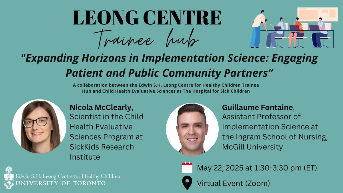 Edwin S.H. Leong Centre for Healthy Children (@leongcentre) on Twitter photo 💻Learn about the role of collaboration with patient and public community partners in implementation projects at the <a href="/LeongCentre/">Edwin S.H. Leong Centre for Healthy Children</a>’s next Trainee Hub event on May 22 with <a href="/Nicola_McCleary/">Nicola McCleary</a> & Guillaume Fontaine (<a href="/_GFontaine/">Guillaume Fontaine</a>)!
Register today: leongcentre.utoronto.ca/event/trainee-… 💻Learn about the role of collaboration with patient and public community partners in implementation projects at the <a href="/LeongCentre/">Edwin S.H. Leong Centre for Healthy Children</a>’s next Trainee Hub event on May 22 with <a href="/Nicola_McCleary/">Nicola McCleary</a> & Guillaume Fontaine (<a href="/_GFontaine/">Guillaume Fontaine</a>)!
Register today: leongcentre.utoronto.ca/event/trainee-…
