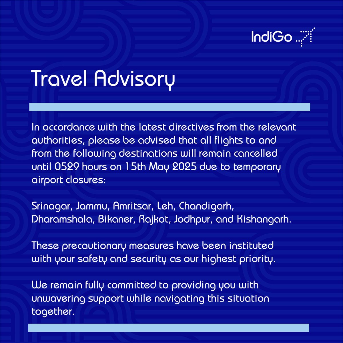 IndiGo6E's tweet image. #6ETravelAdvisory: In line with the latest directives, the flights to/from the following cities will remain cancelled until 0529 hrs on 15th May. We’re here to help you. Check flight status  bit.ly/3DNYJqj To rebook or claim a refund, visit bit.ly/3ARdrd8