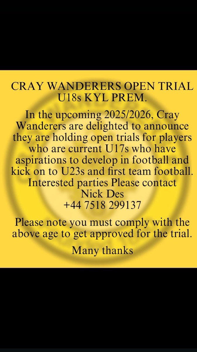 NickDesanges (@nickdes75) on Twitter photo After a successful 2024/25 season winning their 1st County Cup at U18 level Cray are looking for the next set of players to continue their success. Interested players please refer to the advert. <a href="/KentYouthLeague/">KentYouthLeague</a> <a href="/OfficialWands/">Cray Wanderers FC</a> <a href="/KentFA/">Kent FA ⚽</a> After a successful 2024/25 season winning their 1st County Cup at U18 level Cray are looking for the next set of players to continue their success. Interested players please refer to the advert. <a href="/KentYouthLeague/">KentYouthLeague</a> <a href="/OfficialWands/">Cray Wanderers FC</a> <a href="/KentFA/">Kent FA ⚽</a>