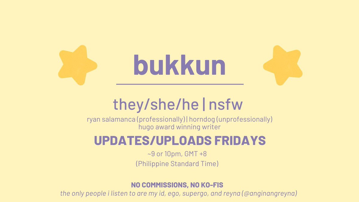 trickscd's tweet image. hi im bukkun! i am a Creacher who writes on pure instinct alone and my only voice of reason is my beta reyna. i upload and update on fridays, ~9 or 10pm, GMT +8! 

✒️ AO3: archiveofourown.org/users/bukkunkun
🦋 Bluesky: bukkunkun.bsky.social
🍓 Strawpage: bukkunkun.straw.page