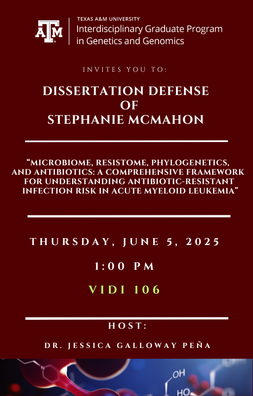 TAMU Genetics and Genomics (@tamugene) on Twitter photo You are invited to the dissertation defense of Stephanie McMahon!
Date: Thursday, June 5th, 2025
Time: 1:00 PM (CST)
Location: VIDI 106
Host: Dr. Jessica Galloway Peña
Save the date here: genetics.tamu.edu/events/stephan…
Don't miss Steph's defense!
#TAMUGENE <a href="/tamuvetmed/">Texas A&M VetMed</a> You are invited to the dissertation defense of Stephanie McMahon!
Date: Thursday, June 5th, 2025
Time: 1:00 PM (CST)
Location: VIDI 106
Host: Dr. Jessica Galloway Peña
Save the date here: genetics.tamu.edu/events/stephan…
Don't miss Steph's defense!
#TAMUGENE <a href="/tamuvetmed/">Texas A&M VetMed</a>