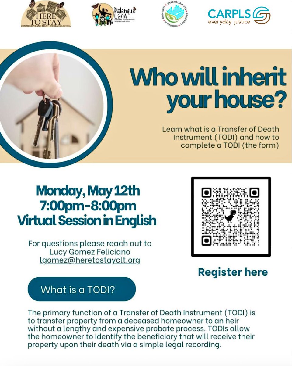 Join us next Monday, May 12 from 7pm to 8pm for a virtual session to learn more about Transfer of Death Instrument.

Register here: buff.ly/O9qpFzT