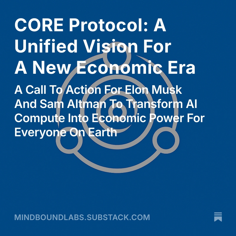 KeyurAhuja's tweet image. 17/ The full letter detailing the vision, financial projections, and steps is here:
mindboundlabs.substack.com/p/core-protoco…
#COREProtocol #AI #UBI #DecentralizedEconomy #UniversalBasicIncome #FutureOfWork #Innovation #ElonMusk #SamAltman