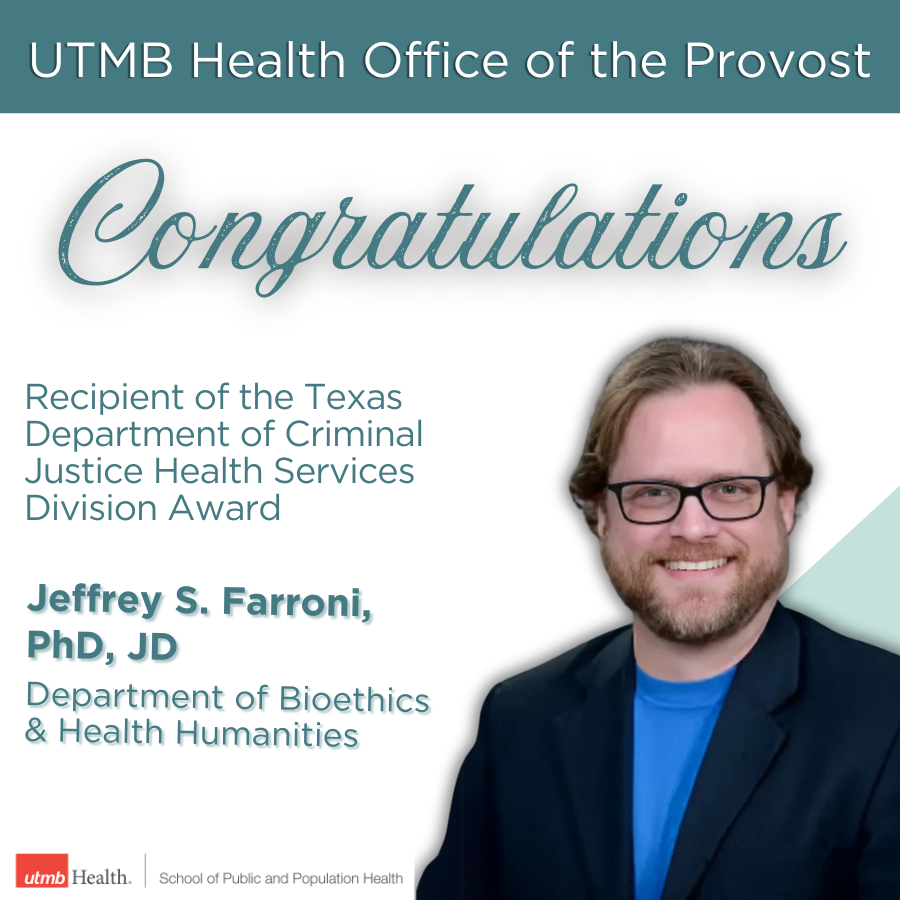 UTMB Provost's Office (@utmbprovost) on Twitter photo Congrats to Dr. Jeffrey Farroni on receiving the Texas Department of Criminal Justice Health Services Division Award! The award recognizes his support of healthcare workers serving incarcerated populations.
Our <a href="/utmb_spph/">UTMB School of Public & Population Health</a> shares more: utmb.edu/spph/about-us/… Congrats to Dr. Jeffrey Farroni on receiving the Texas Department of Criminal Justice Health Services Division Award! The award recognizes his support of healthcare workers serving incarcerated populations.
Our <a href="/utmb_spph/">UTMB School of Public & Population Health</a> shares more: utmb.edu/spph/about-us/…