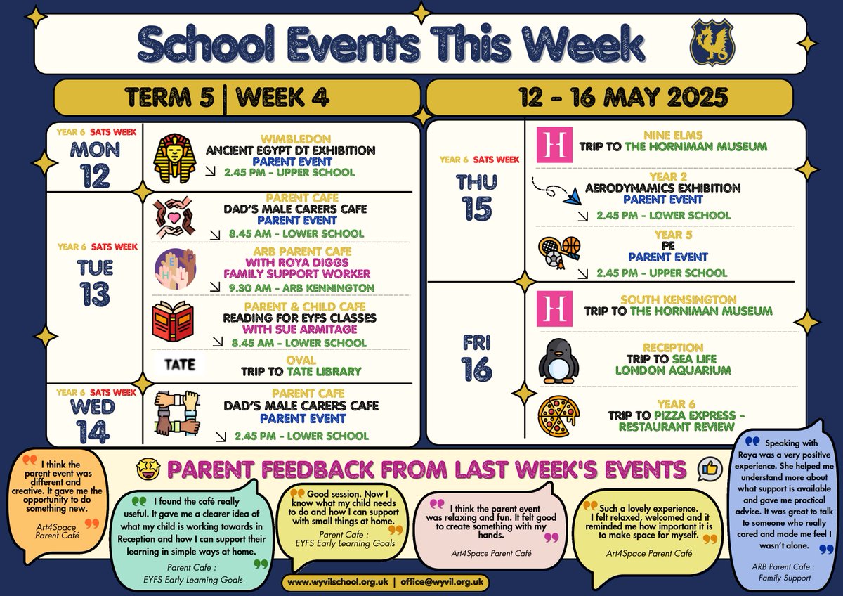 📚✨ It’s a big week ahead at Wyvil Primary!
Next week is SATs Week for our Year 6 pupils - good luck, you’ve got this! 💪
Plus, we’ve got exciting events and school trips happening across the school 🎉🚌
Check out the poster for all the details 👇📅
#WyvilPrimary #SATsWeek