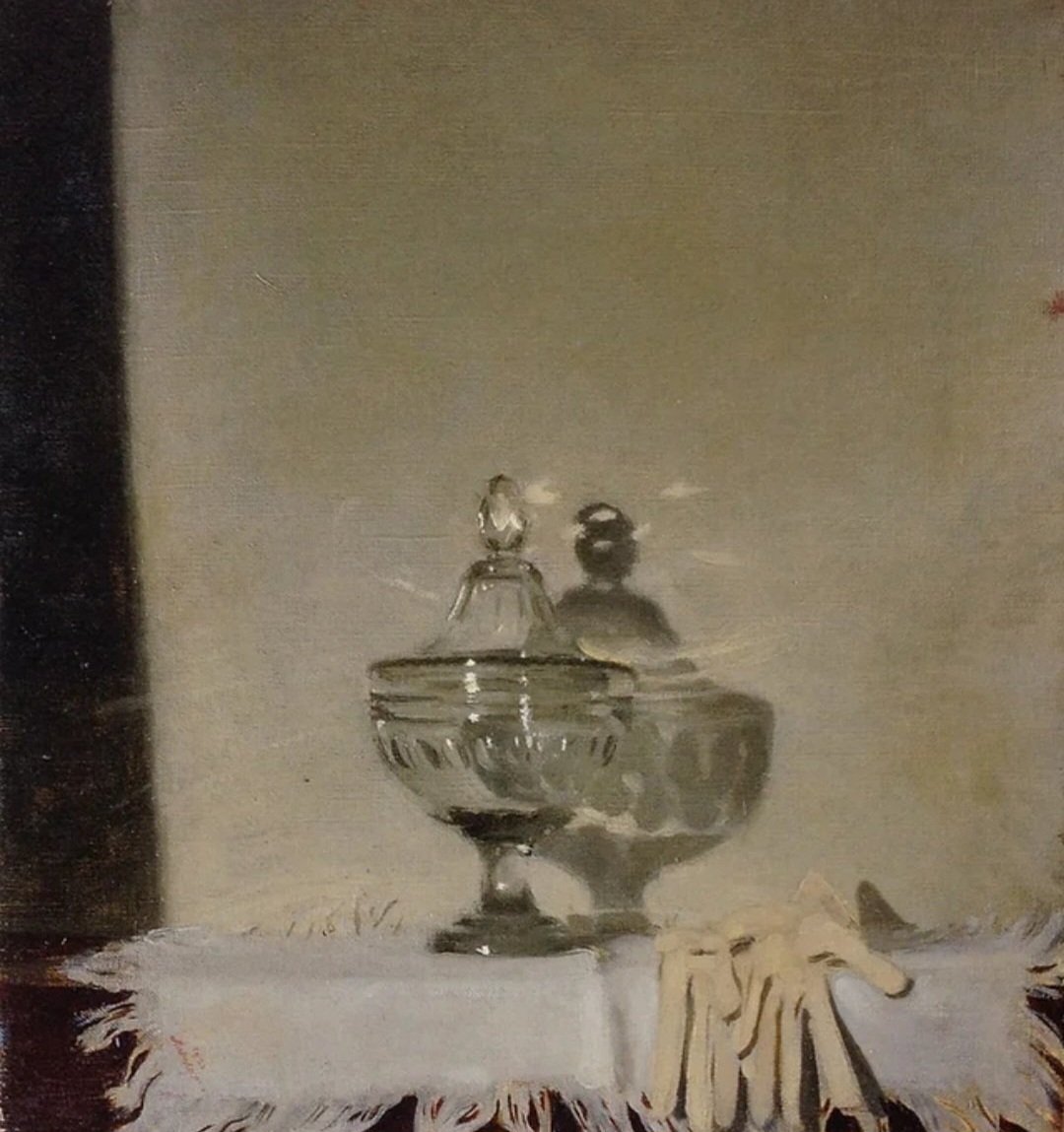 'The Glass Bowl.' (1920) William Nicholson was particularly fond of using glassware as the main focus of his still lifes. The properties of the contrasting shapes and reflections provided endless painterly possibilities for him to show off his treatment of light, tone, and form.