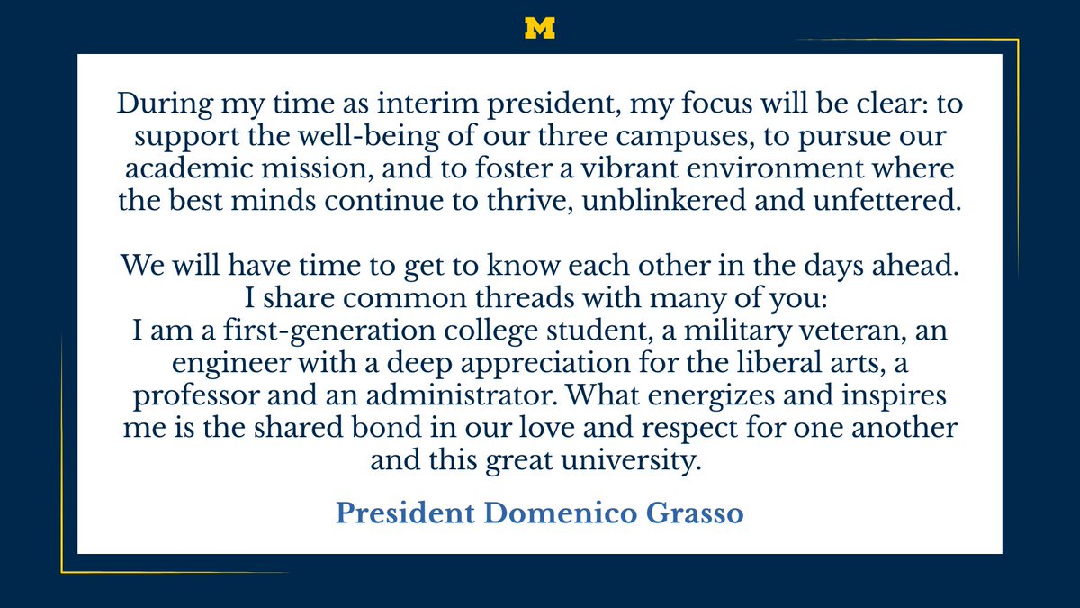 President Santa J. Ono (@umichprezono) on Twitter photo It is with great humility and deep pride that I step into the interim role of president of this extraordinary university. <a href="/UMich/">University of Michigan</a> is a respected leader because of its people—in Ann Arbor, Dearborn and Flint. I look forward to working with each of you in the months ahead. It is with great humility and deep pride that I step into the interim role of president of this extraordinary university. <a href="/UMich/">University of Michigan</a> is a respected leader because of its people—in Ann Arbor, Dearborn and Flint. I look forward to working with each of you in the months ahead.