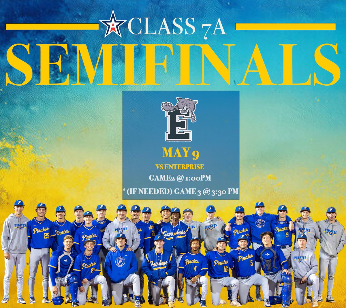 Win or go home. Semifinals resume today at 1:00.

🆚Enterprise
⌚️1:00 PM
📍Enterprise

#GoPirates🏴‍☠️