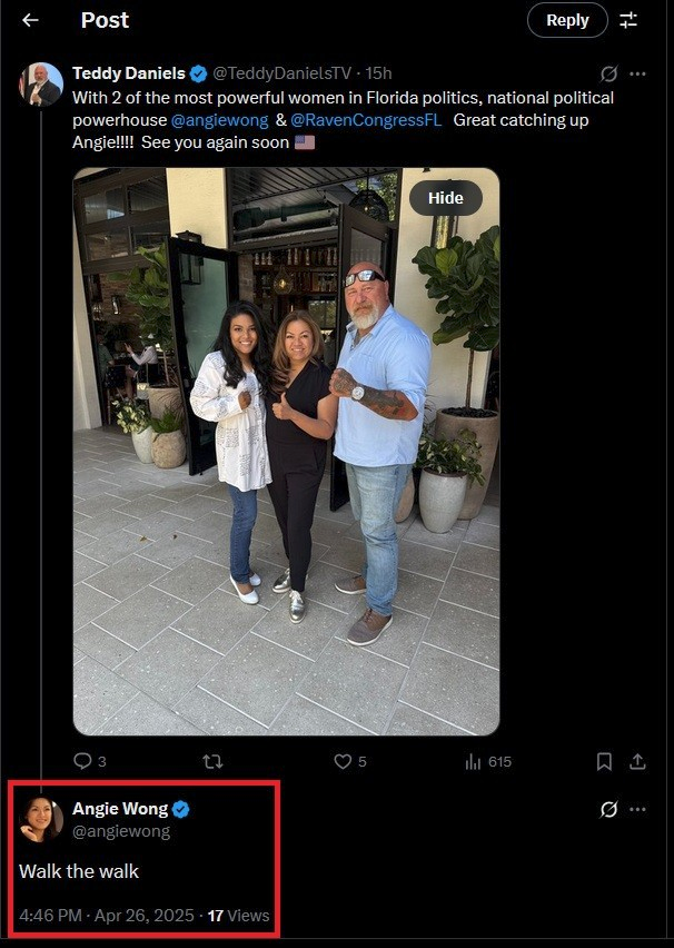 FullerRath's tweet photo. @TheButchConz @EricStevensonNC Conz,
It appears that (now NC's) TEDDY DANIELS
has been DUMPED as "campaign manager"
by Raven Harrison for Congress - FL. 
Funny how that works.
Retired Air Force husband and parents (both)
who don't take Teddy's bullshit over his medals,
Phony Rambo tales, etc.
Ask @angiewong https://t.co/YGj02yAFwa