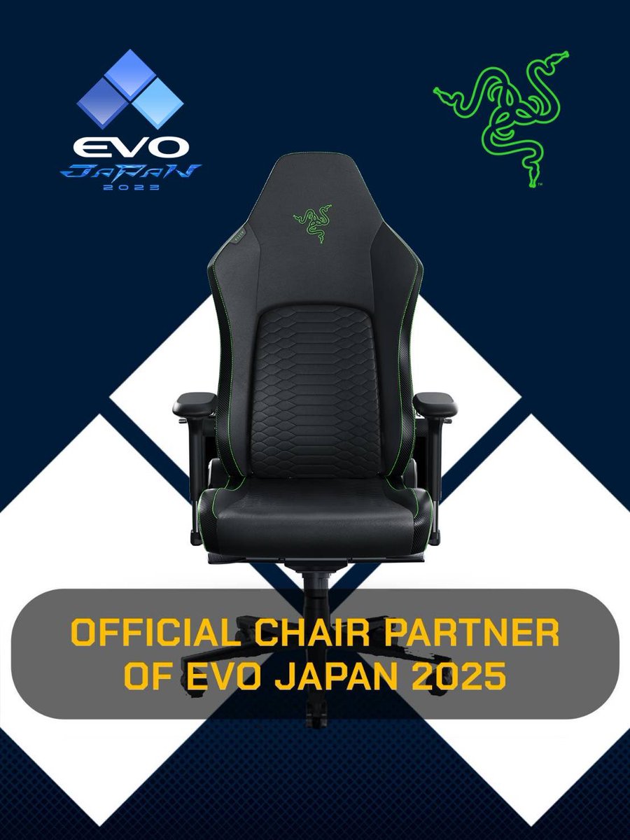 Excited to have <a href="/Razer/">R Λ Z Ξ R</a> be the official chair partner of EVO Japan. The Razer Iskur V2 will officially support the backs of every professional fighter and carry them through every heated battle. 

EVO Japanは <a href="/Razer/">R Λ Z Ξ R</a>