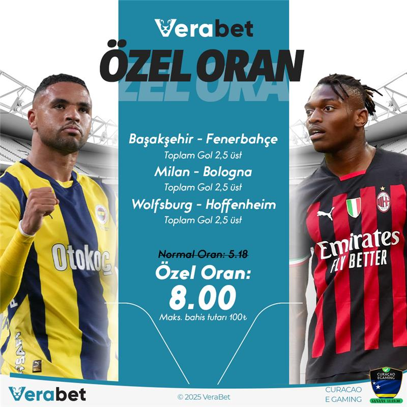 🏆 Verabet'te Özel Oran'la Kazancınızı Katlıyoruz!
 
Bugüne özel, oluşturulmuş bahisleri al, kazancın dibine vur!
 Futbol zevkini bahisle katlayanlar için, Spor Bahisleri sayfamızdan 'Özel Oran' kategorisine girerek kazançlarınıza adım atabilirsiniz.
 
📌bit.ly/verasosyal